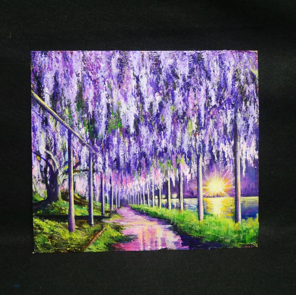 藤の花の油絵【紫光のカーテン】白毫寺 九尺ふじ 原画 一点物 インテリア 風景画 額縁対応可
