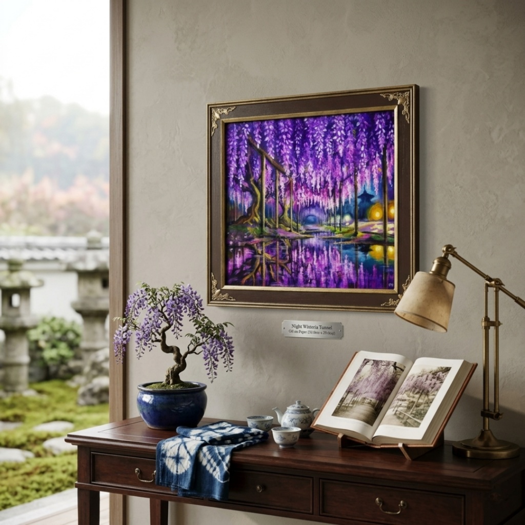 藤の花の油絵【紫光のカーテン】白毫寺 九尺ふじ 原画 一点物 インテリア 風景画 額縁対応可