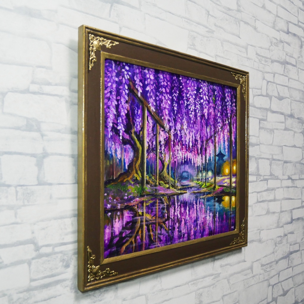藤の花の油絵【紫光のカーテン】白毫寺 九尺ふじ 原画 一点物 インテリア 風景画 額縁対応可