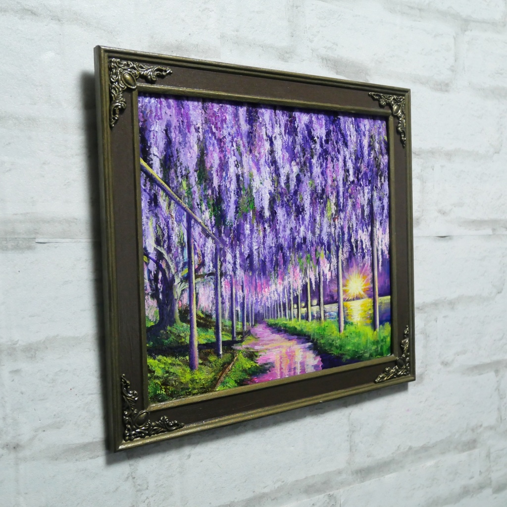 藤の花の油絵【紫光のカーテン】白毫寺 九尺ふじ 原画 一点物 インテリア 風景画 額縁対応可