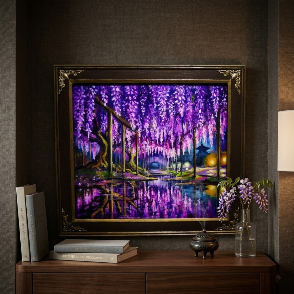 藤の花の油絵【紫光のカーテン】白毫寺 九尺ふじ 原画 一点物 インテリア 風景画 額縁対応可