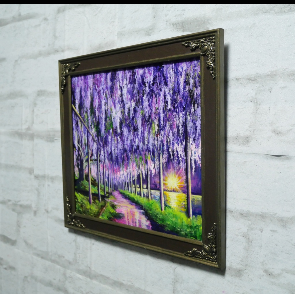 藤の花の油絵【紫光のカーテン】白毫寺 九尺ふじ 原画 一点物 インテリア 風景画 額縁対応可