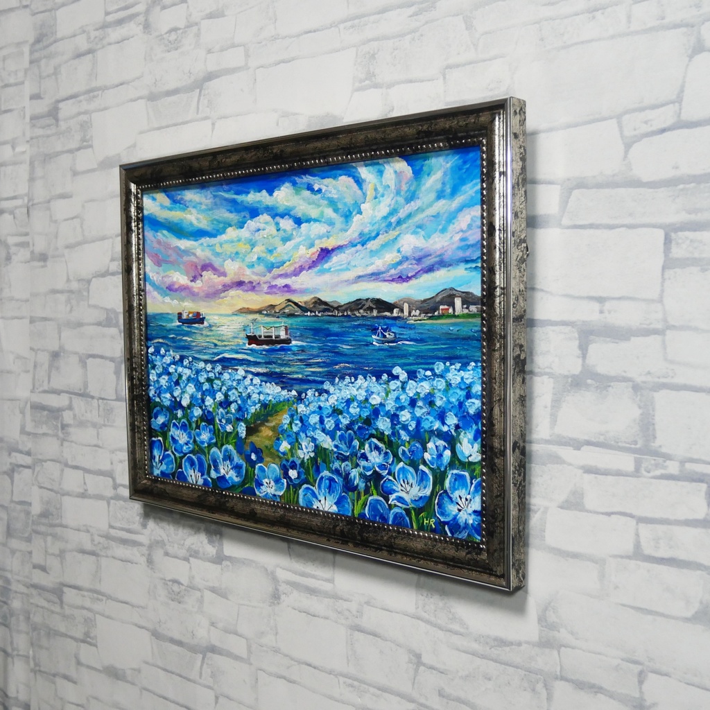 【海風と、青い記憶】油絵 青い海と空 抽象画風 モダンインテリア 額縁入り 玄関 リビング