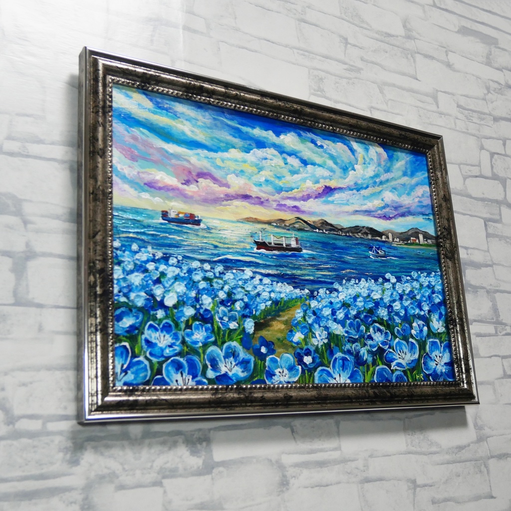 【海風と、青い記憶】油絵 青い海と空 抽象画風 モダンインテリア 額縁入り 玄関 リビング