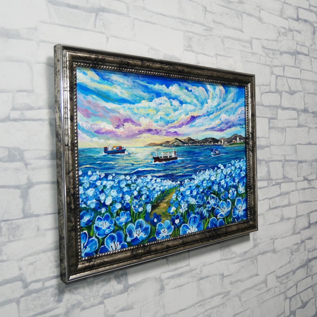 【海風と、青い記憶】油絵 青い海と空 抽象画風 モダンインテリア 額縁入り 玄関 リビング