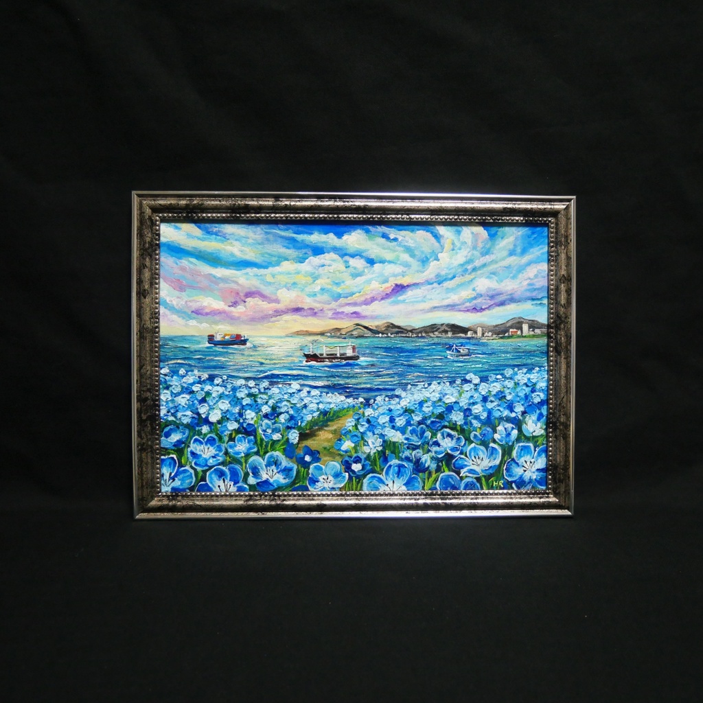 【海風と、青い記憶】油絵 青い海と空 抽象画風 モダンインテリア 額縁入り 玄関 リビング