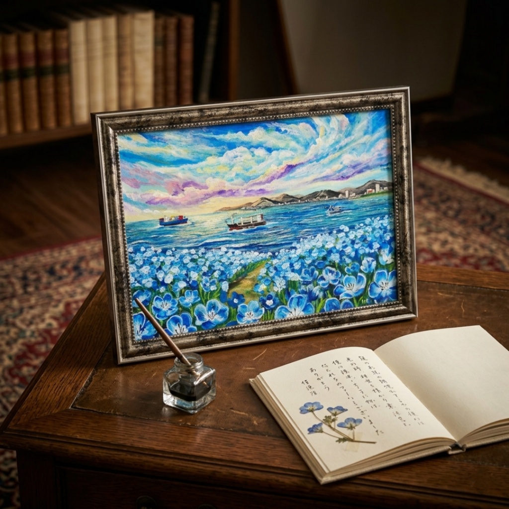 【海風と、青い記憶】油絵 青い海と空 抽象画風 モダンインテリア 額縁入り 玄関 リビング