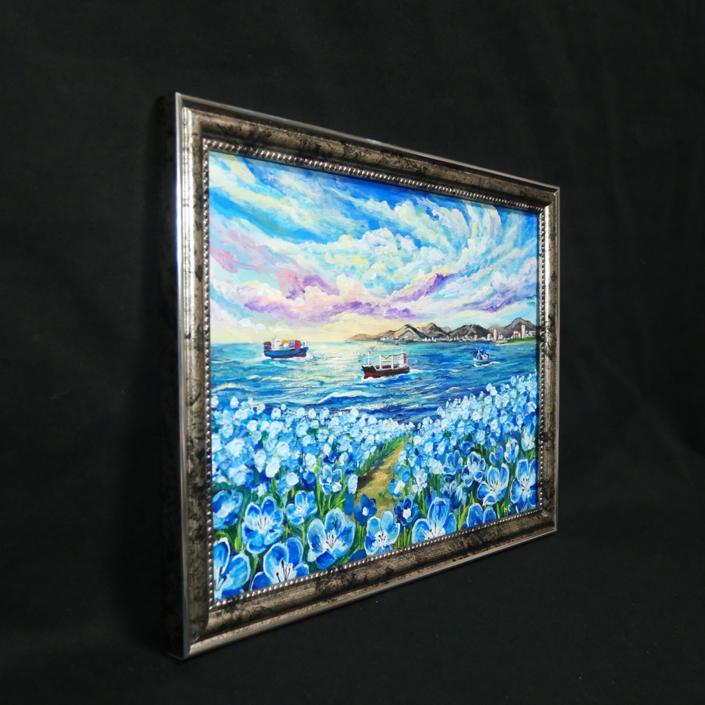 【海風と、青い記憶】油絵 青い海と空 抽象画風 モダンインテリア 額縁入り 玄関 リビング