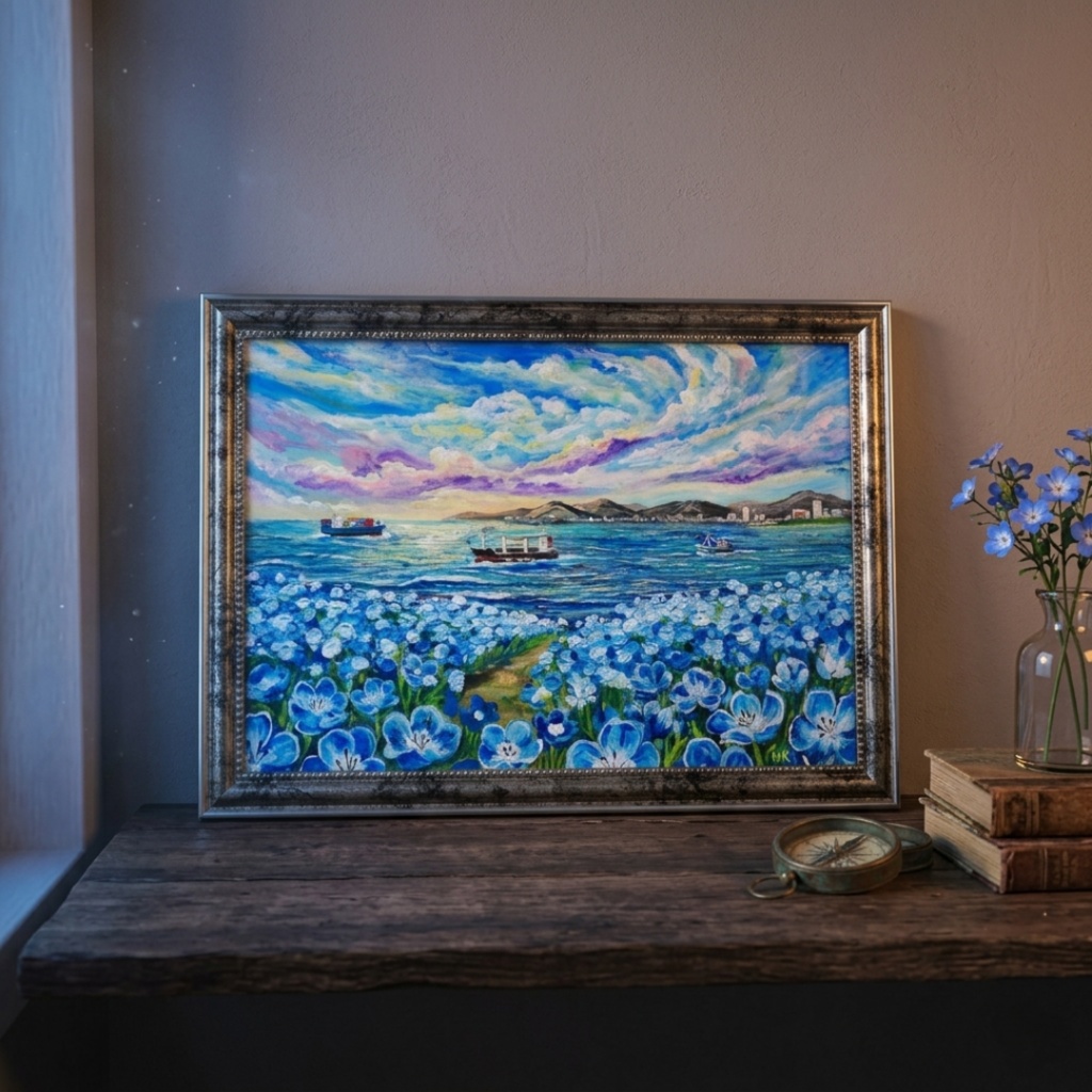 【海風と、青い記憶】油絵 青い海と空 抽象画風 モダンインテリア 額縁入り 玄関 リビング