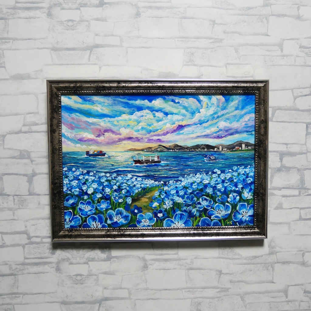【海風と、青い記憶】油絵 青い海と空 抽象画風 モダンインテリア 額縁入り 玄関 リビング