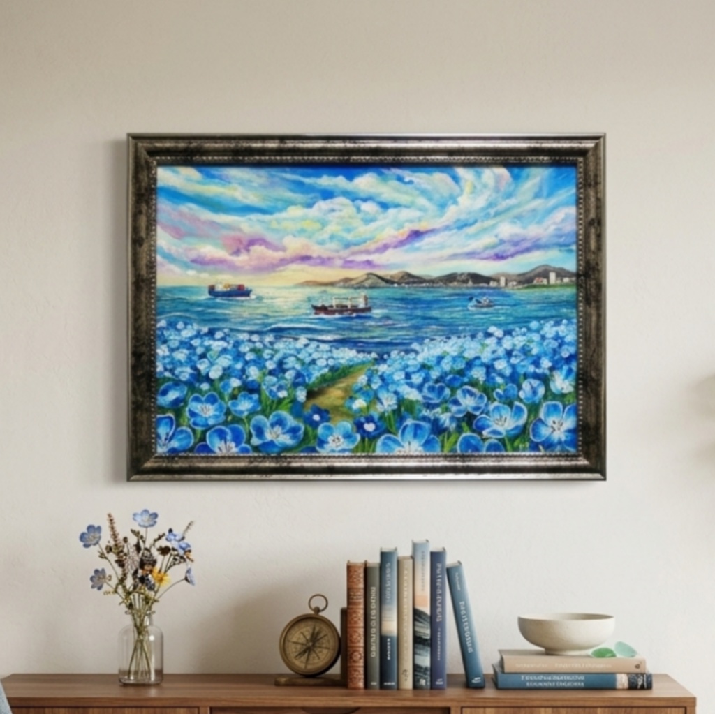 【海風と、青い記憶】油絵 青い海と空 抽象画風 モダンインテリア 額縁入り 玄関 リビング