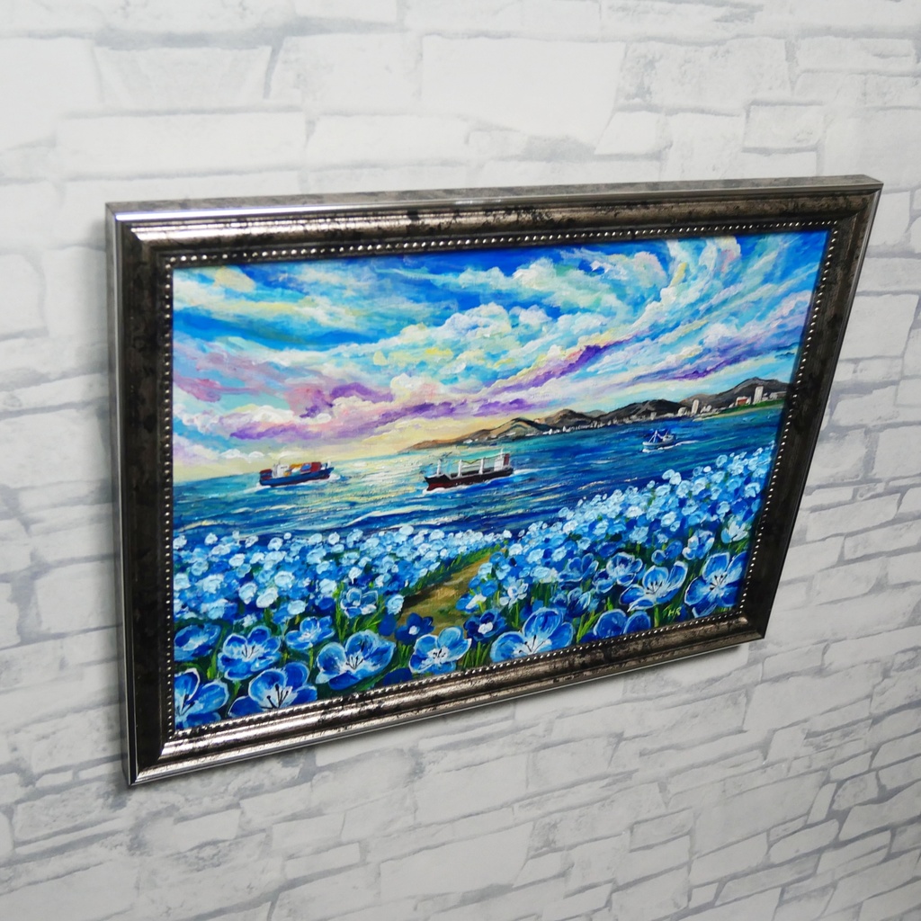 【海風と、青い記憶】油絵 青い海と空 抽象画風 モダンインテリア 額縁入り 玄関 リビング