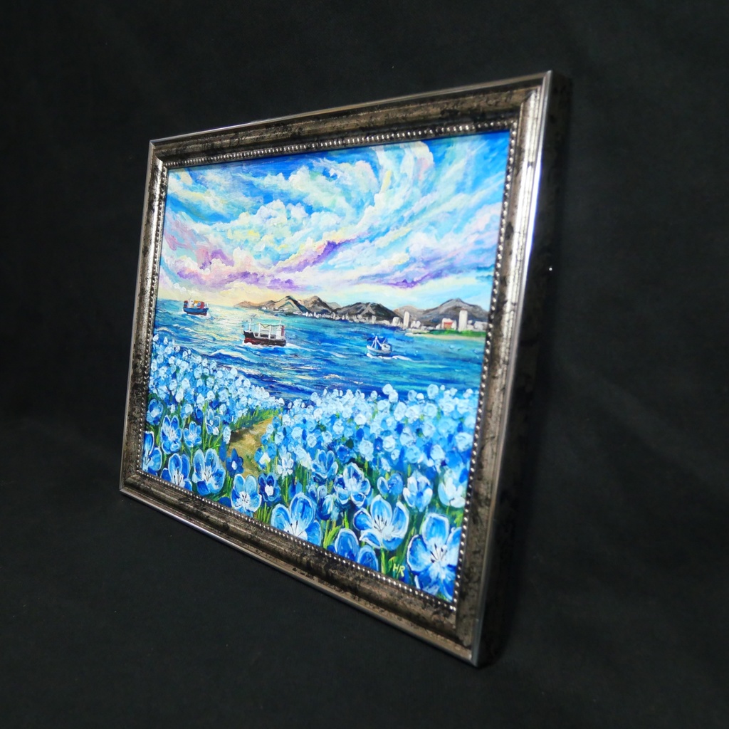 【海風と、青い記憶】油絵 青い海と空 抽象画風 モダンインテリア 額縁入り 玄関 リビング