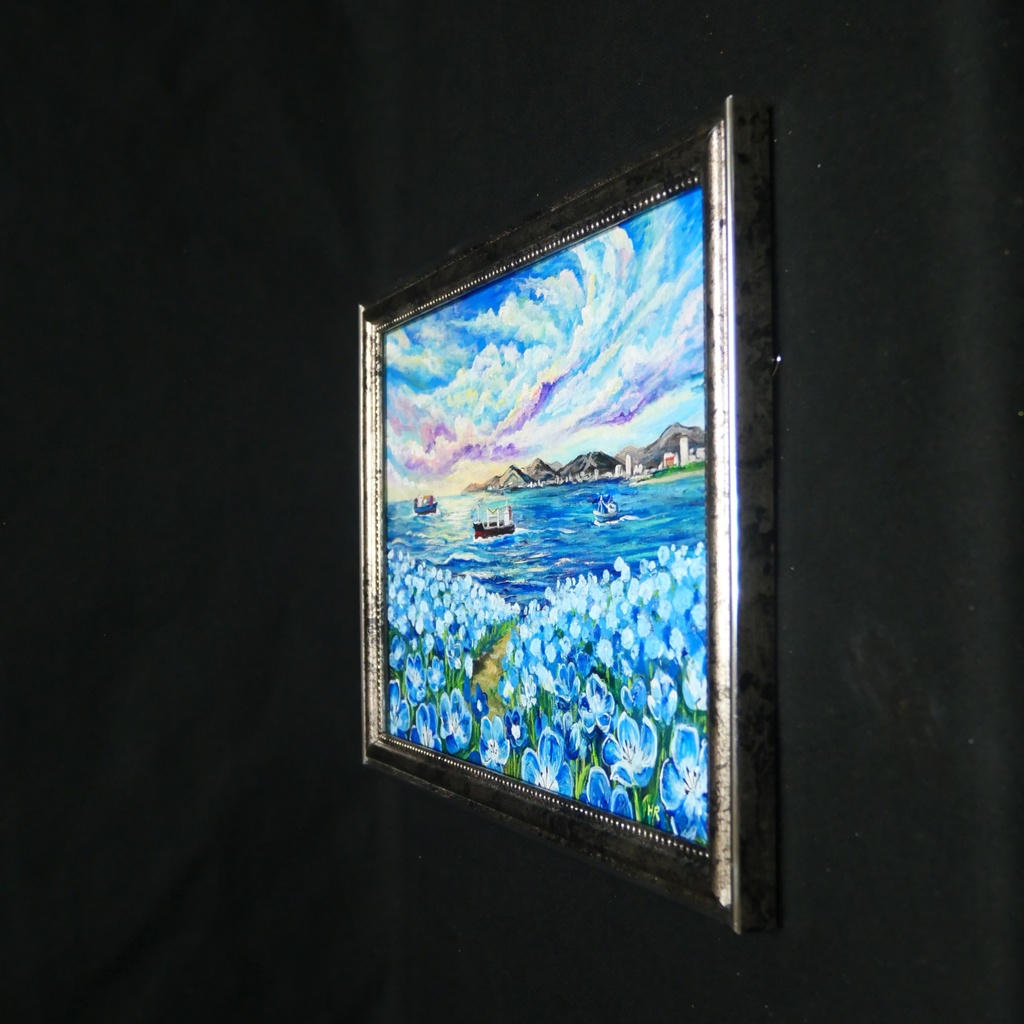 【海風と、青い記憶】油絵 青い海と空 抽象画風 モダンインテリア 額縁入り 玄関 リビング