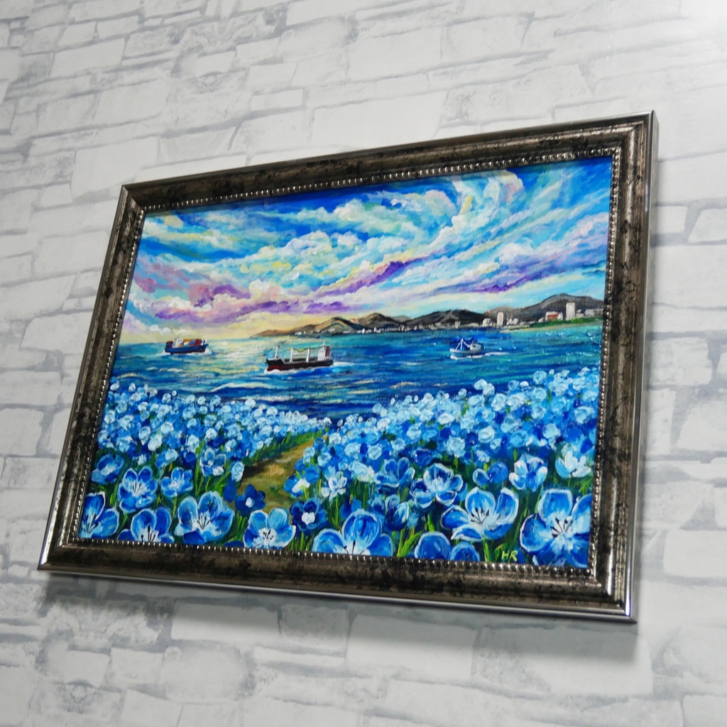 【海風と、青い記憶】油絵 青い海と空 抽象画風 モダンインテリア 額縁入り 玄関 リビング