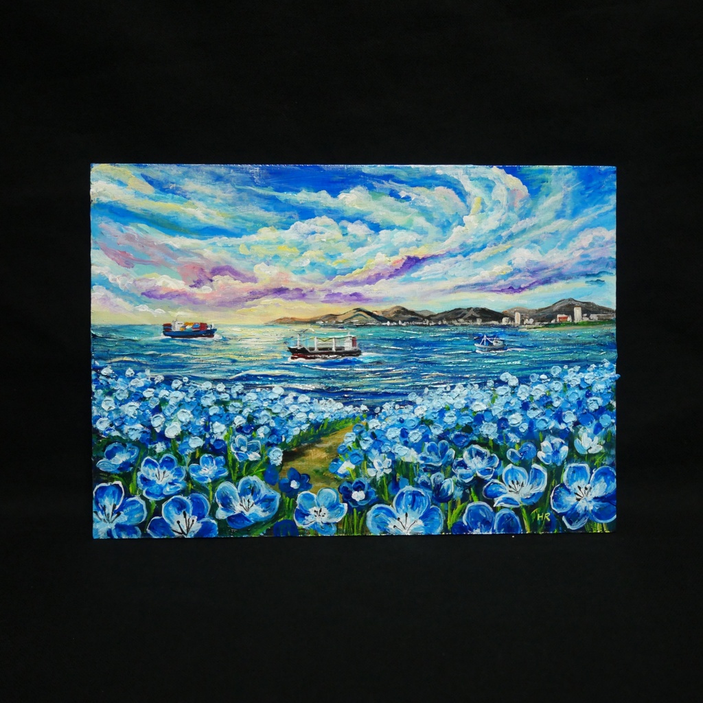【海風と、青い記憶】油絵 青い海と空 抽象画風 モダンインテリア 額縁入り 玄関 リビング