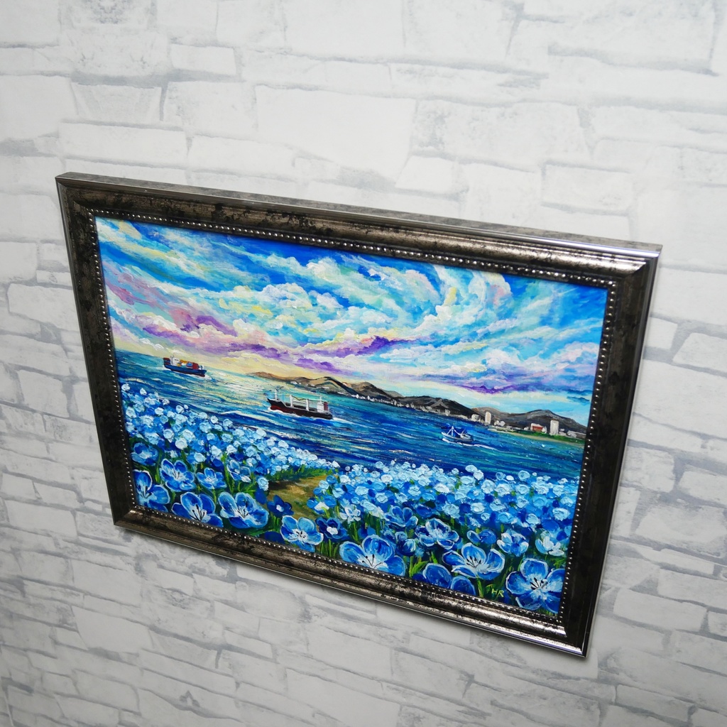 【海風と、青い記憶】油絵 青い海と空 抽象画風 モダンインテリア 額縁入り 玄関 リビング