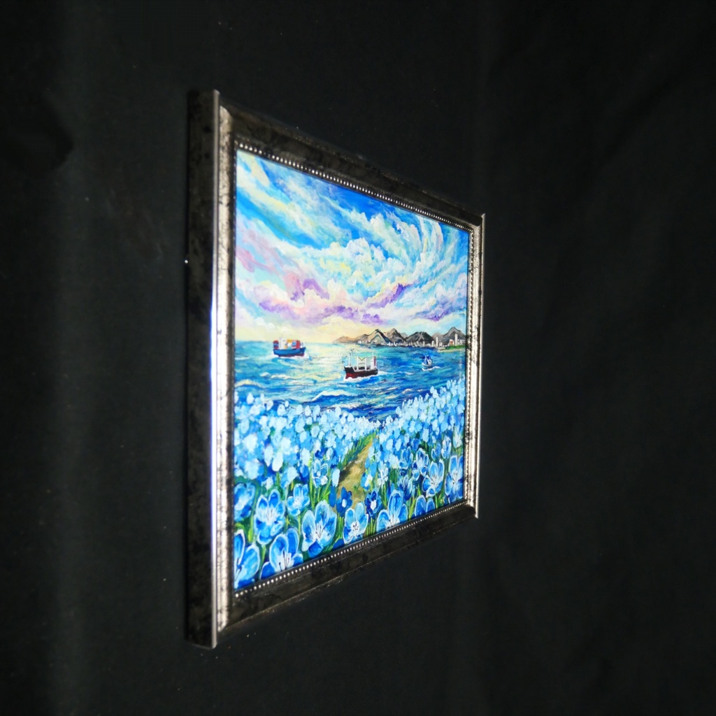 【海風と、青い記憶】油絵 青い海と空 抽象画風 モダンインテリア 額縁入り 玄関 リビング