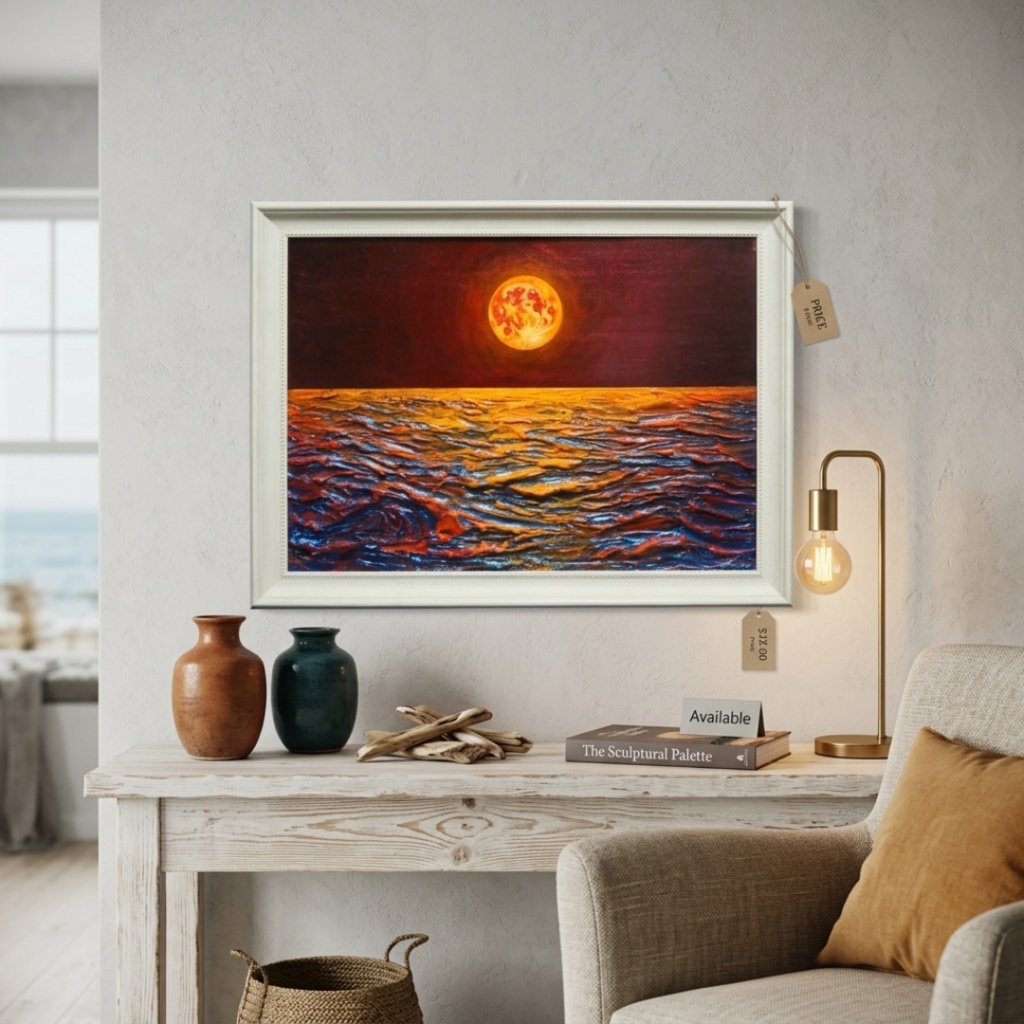 【真作】油絵「豊穣のルナ・オーシャン」 月夜の海 壁掛け インテリア 絵画