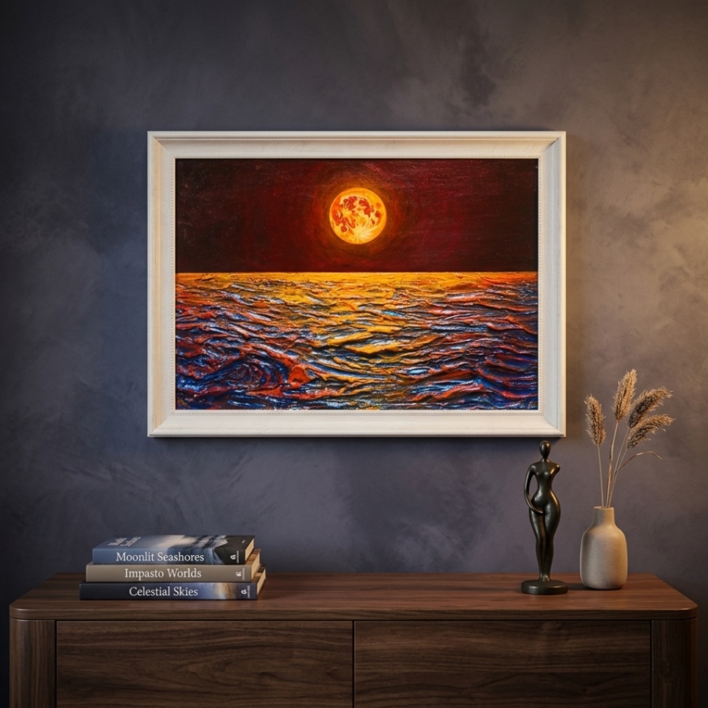 【真作】油絵「豊穣のルナ・オーシャン」 月夜の海 壁掛け インテリア 絵画