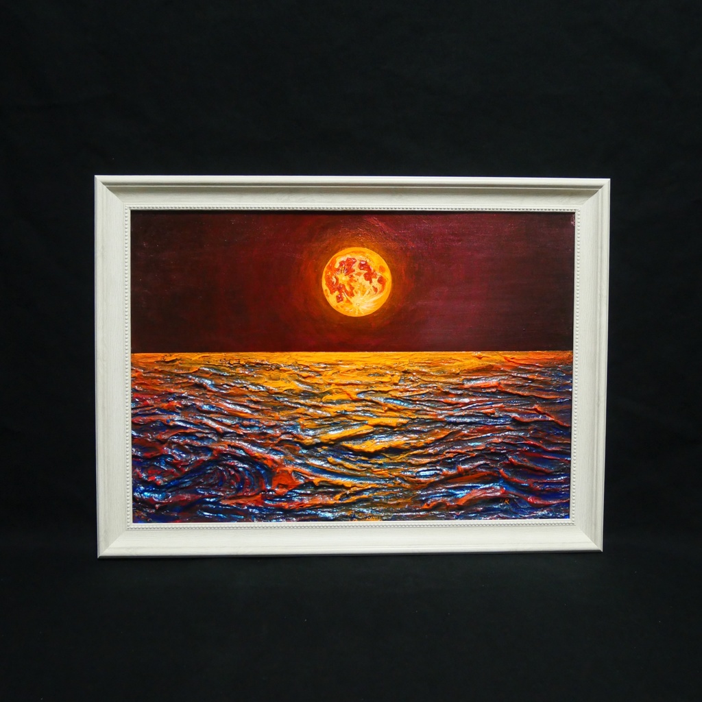 【真作】油絵「豊穣のルナ・オーシャン」 月夜の海 壁掛け インテリア 絵画