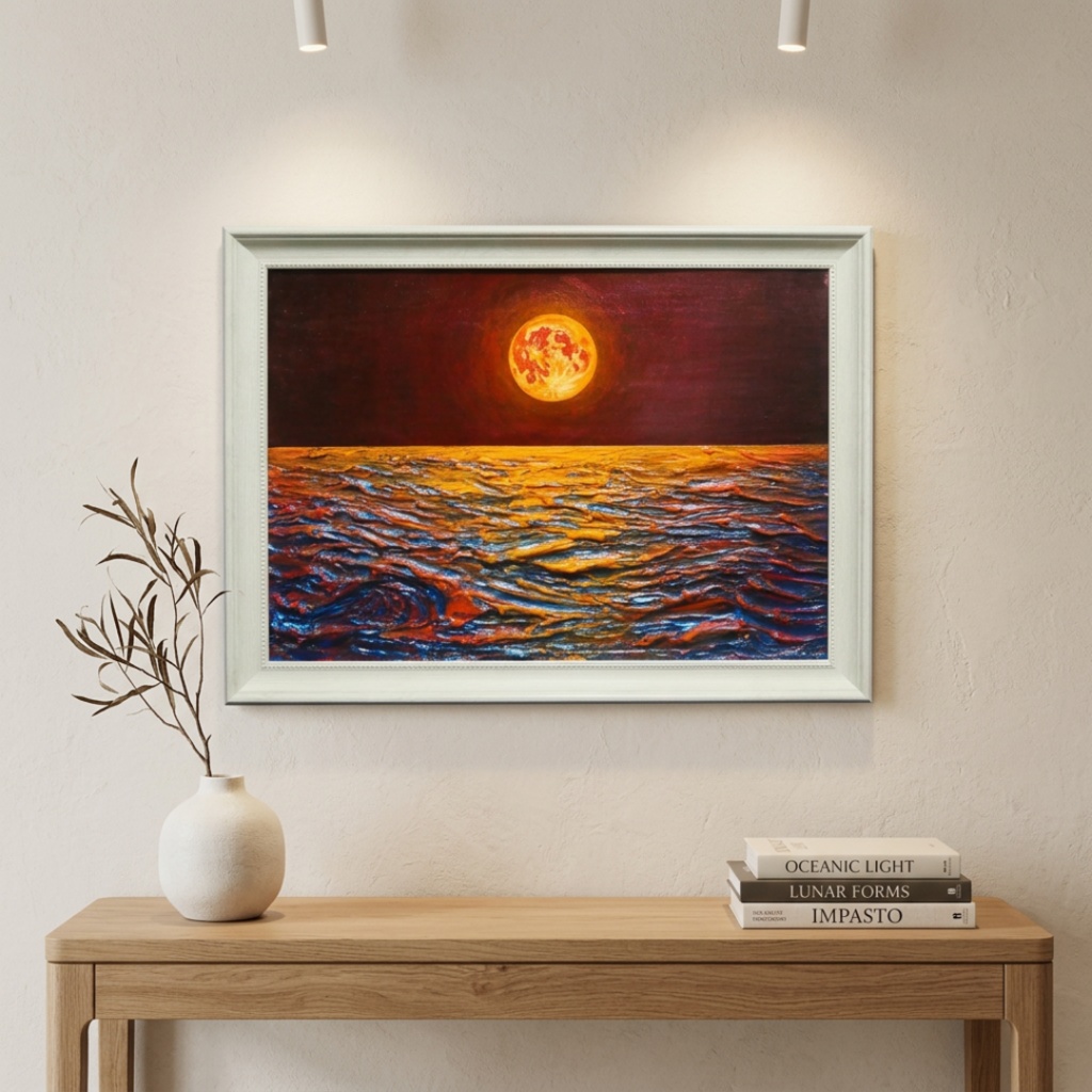 【真作】油絵「豊穣のルナ・オーシャン」 月夜の海 壁掛け インテリア 絵画