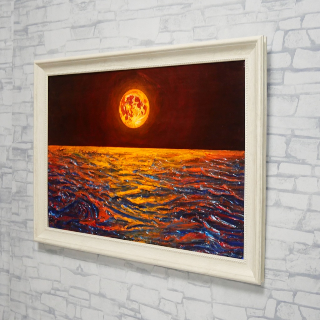 【真作】油絵「豊穣のルナ・オーシャン」 月夜の海 壁掛け インテリア 絵画