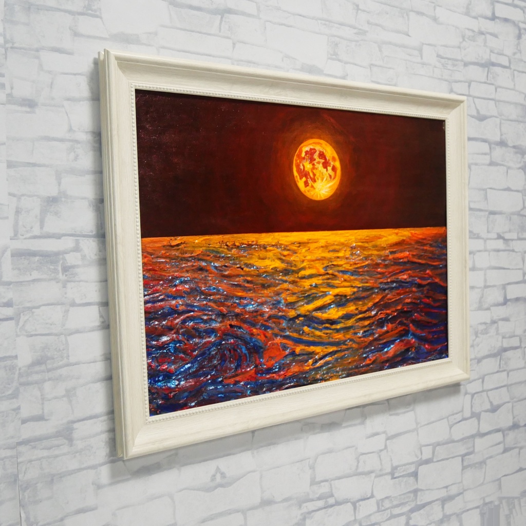 【真作】油絵「豊穣のルナ・オーシャン」 月夜の海 壁掛け インテリア 絵画