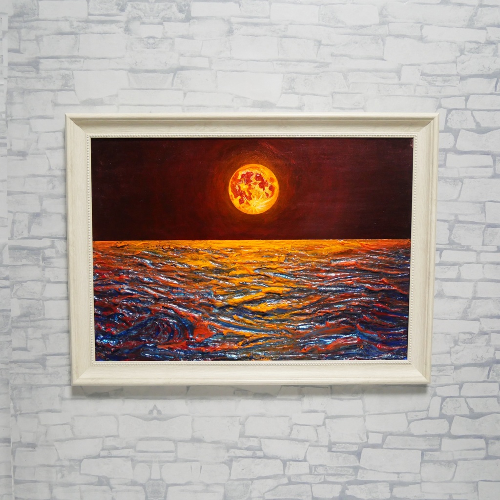 【真作】油絵「豊穣のルナ・オーシャン」 月夜の海 壁掛け インテリア 絵画