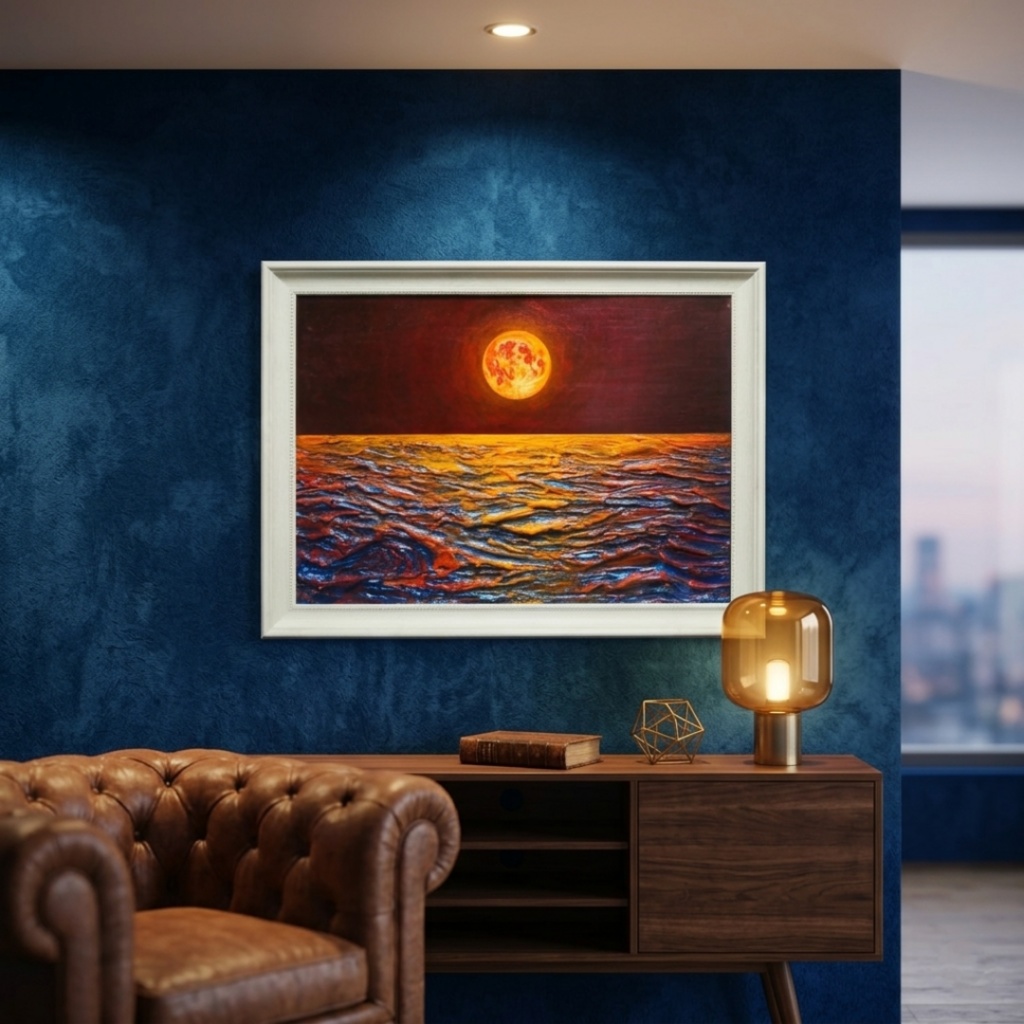 【真作】油絵「豊穣のルナ・オーシャン」 月夜の海 壁掛け インテリア 絵画