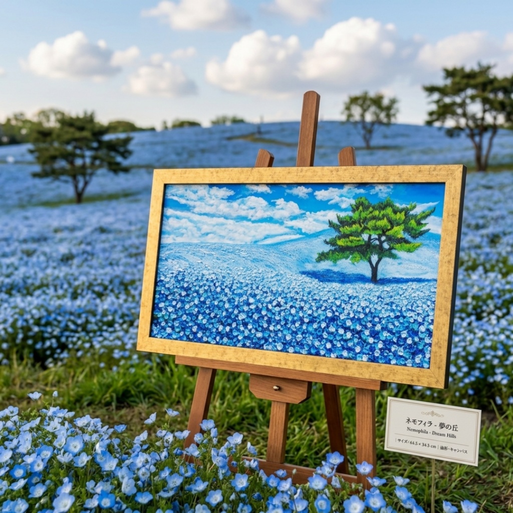 ネモフィラ 爽やかな青の楽園 油絵 原画【青の楽園:その先にある未来】春の風景画 額縁付き