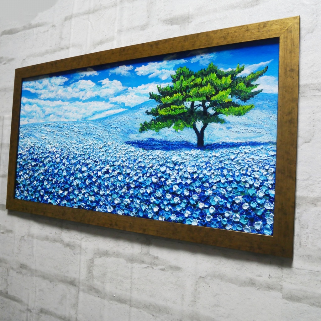 ネモフィラ 爽やかな青の楽園 油絵 原画【青の楽園:その先にある未来】春の風景画 額縁付き