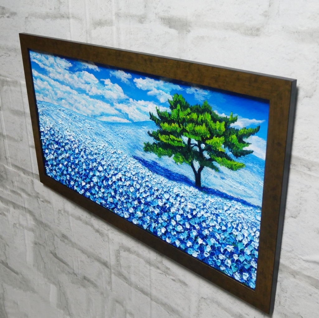 ネモフィラ 爽やかな青の楽園 油絵 原画【青の楽園:その先にある未来】春の風景画 額縁付き