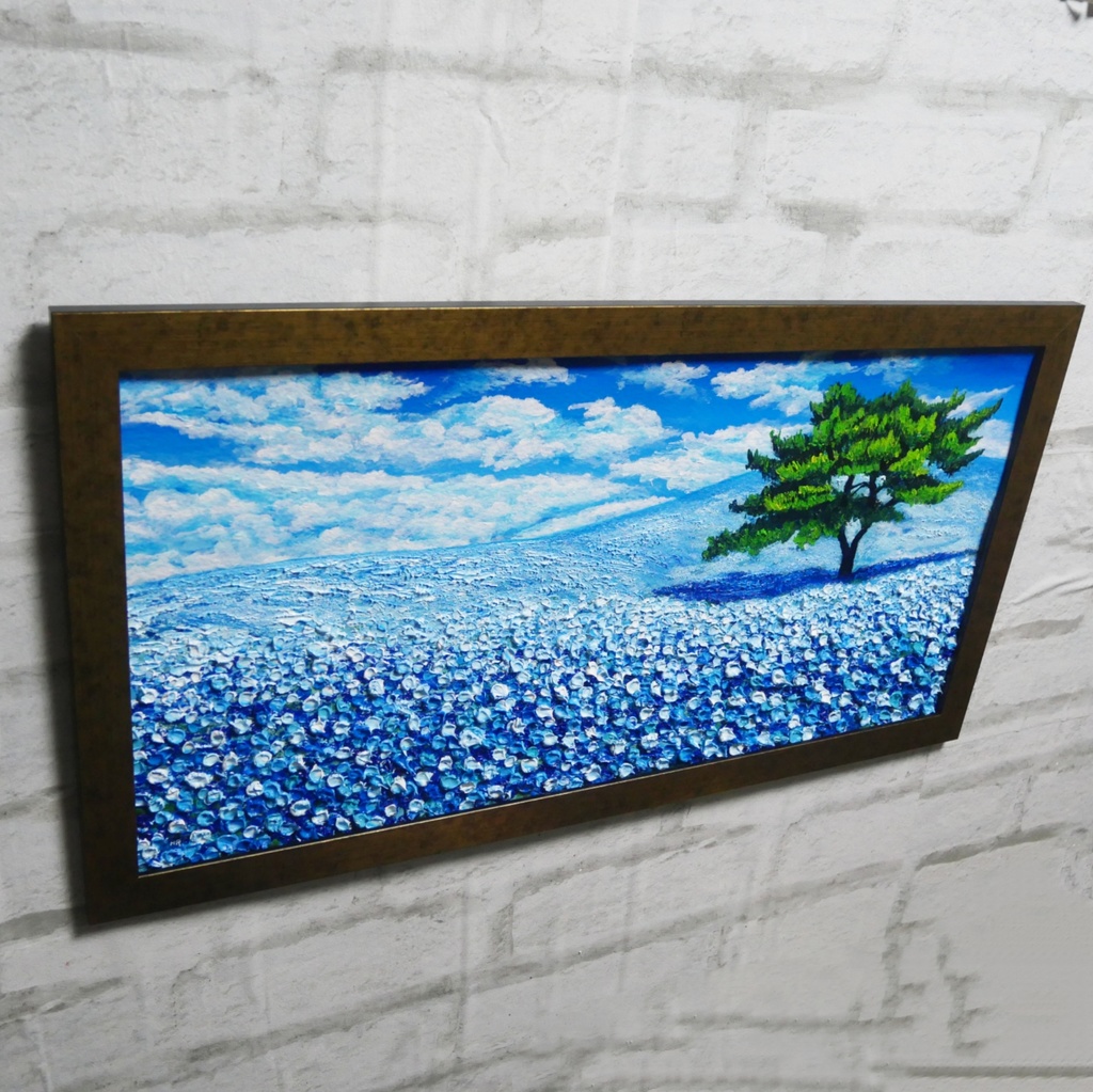 ネモフィラ 爽やかな青の楽園 油絵 原画【青の楽園:その先にある未来】春の風景画 額縁付き