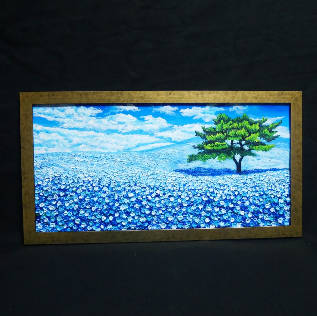 ネモフィラ 爽やかな青の楽園 油絵 原画【青の楽園:その先にある未来】春の風景画 額縁付き