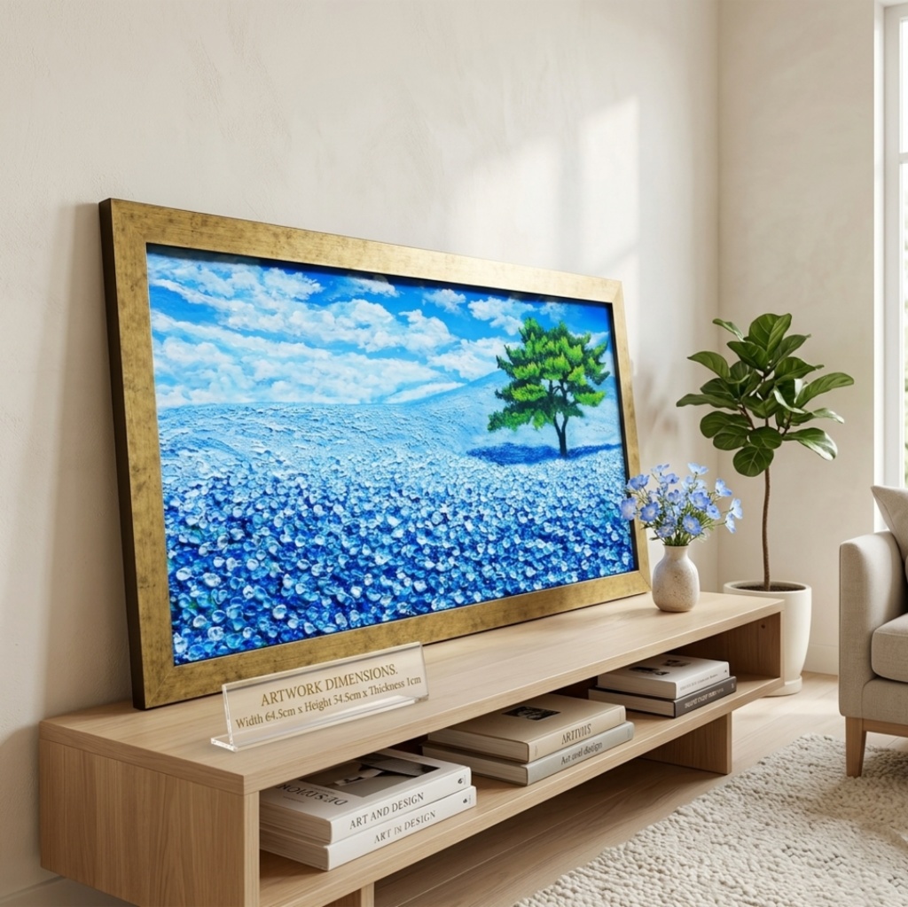 ネモフィラ 爽やかな青の楽園 油絵 原画【青の楽園:その先にある未来】春の風景画 額縁付き
