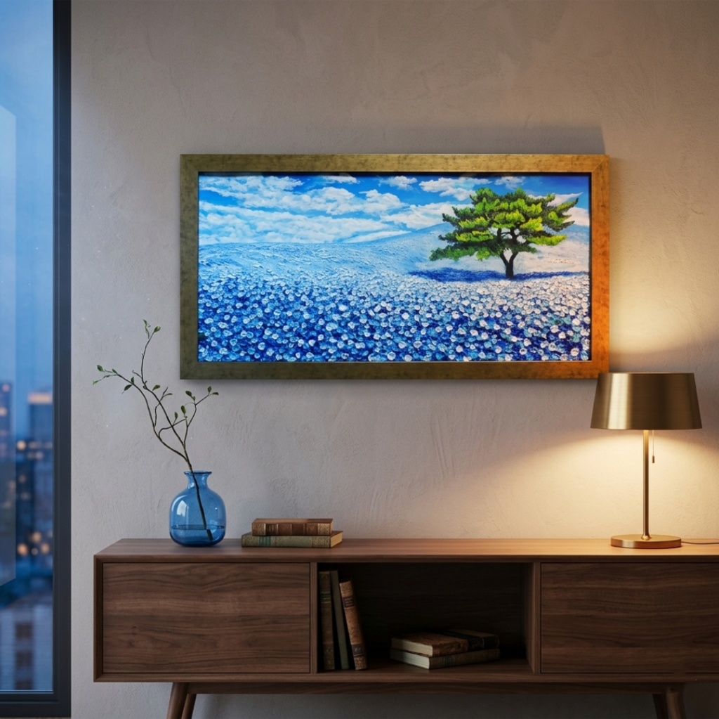ネモフィラ 爽やかな青の楽園 油絵 原画【青の楽園:その先にある未来】春の風景画 額縁付き