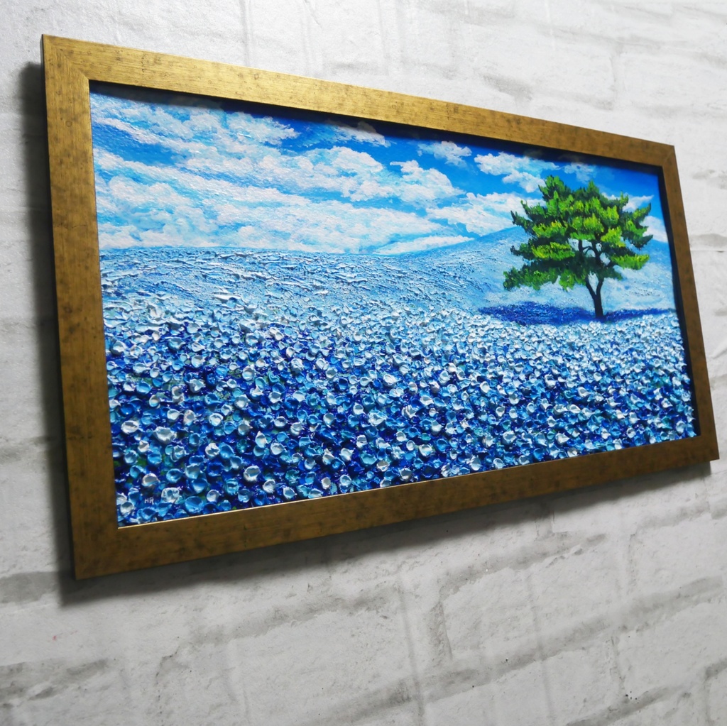 ネモフィラ 爽やかな青の楽園 油絵 原画【青の楽園:その先にある未来】春の風景画 額縁付き