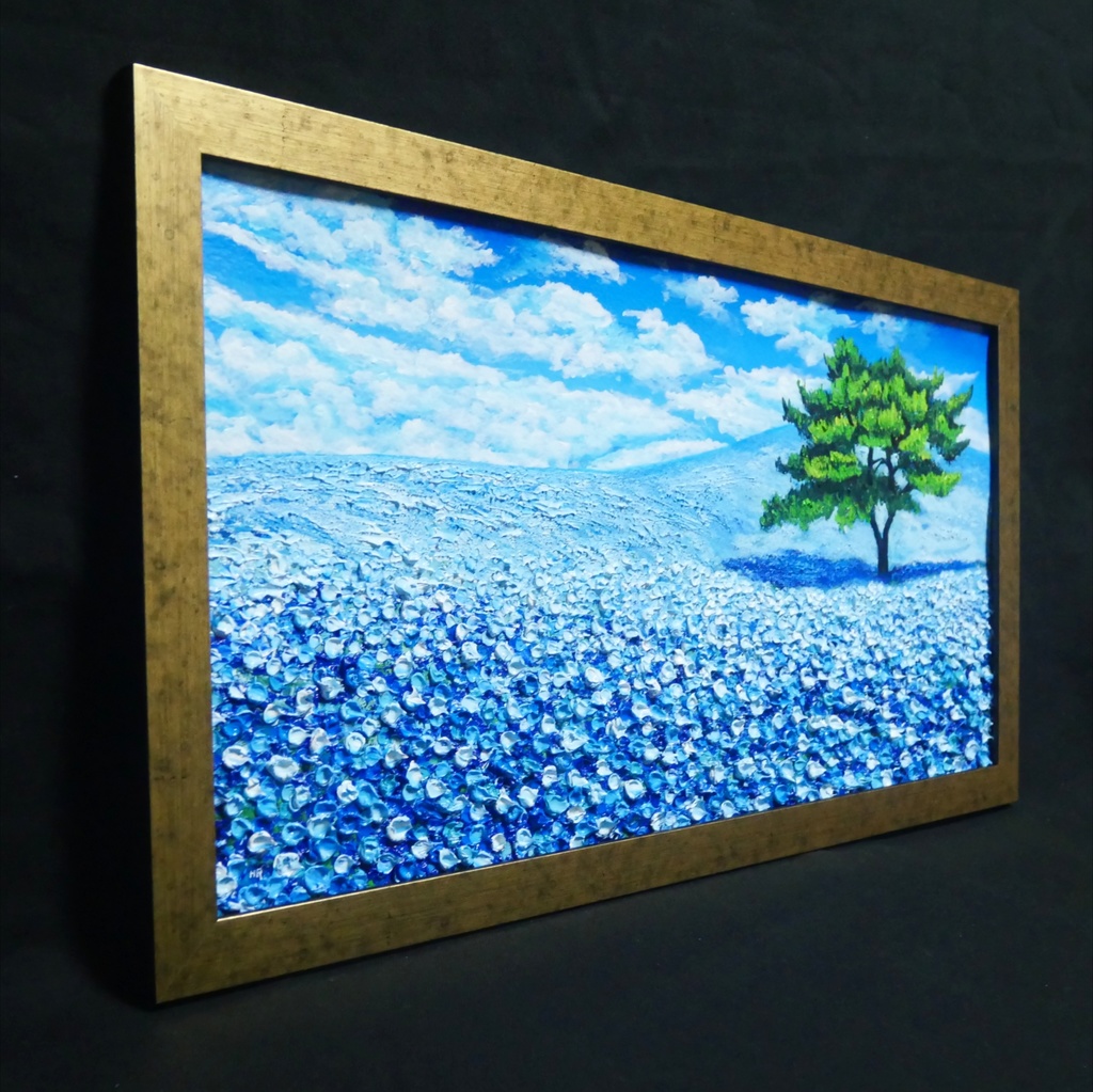 ネモフィラ 爽やかな青の楽園 油絵 原画【青の楽園:その先にある未来】春の風景画 額縁付き