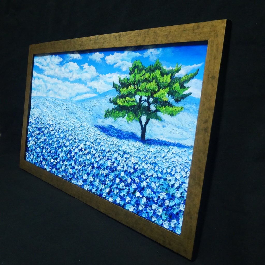 ネモフィラ 爽やかな青の楽園 油絵 原画【青の楽園:その先にある未来】春の風景画 額縁付き