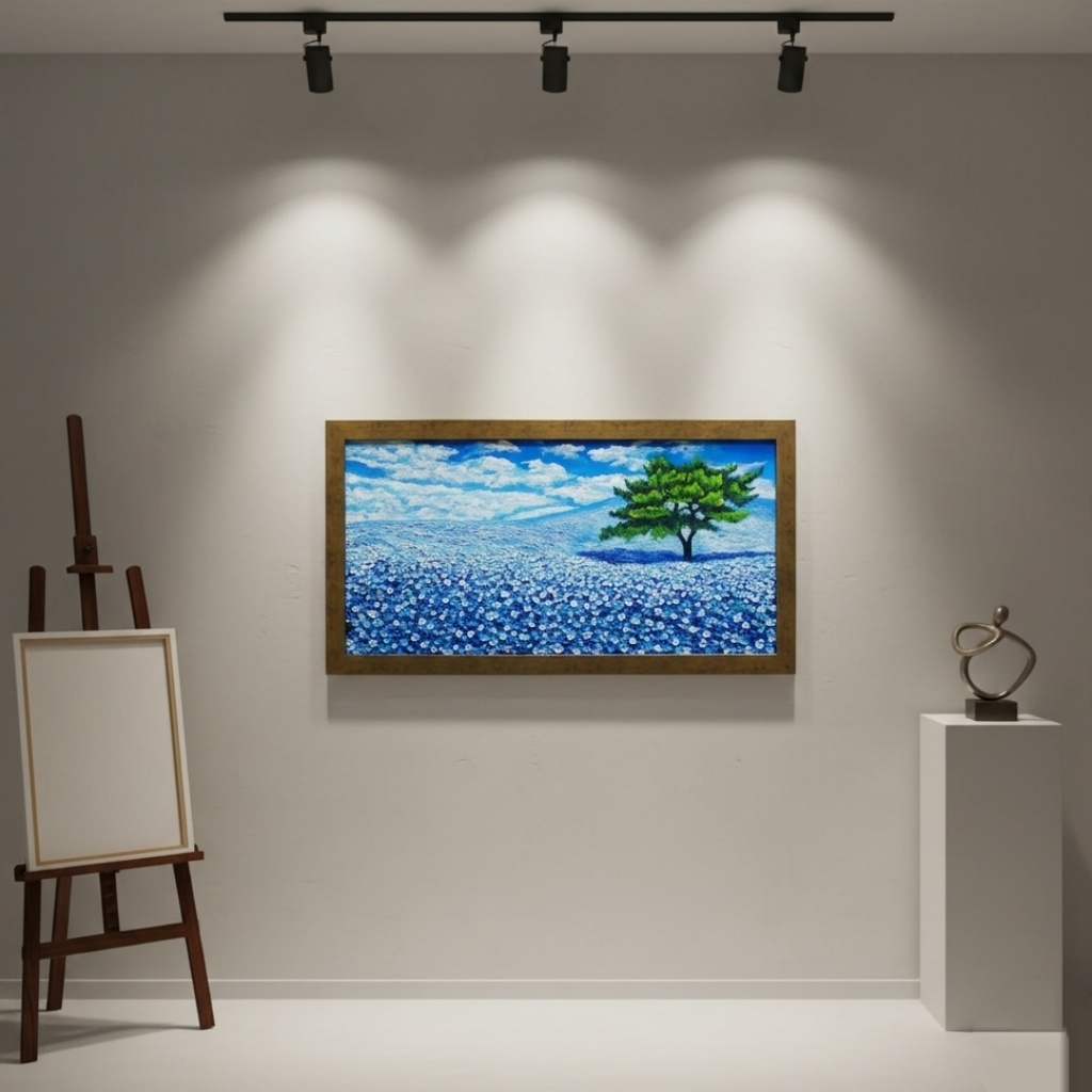 ネモフィラ 爽やかな青の楽園 油絵 原画【青の楽園:その先にある未来】春の風景画 額縁付き