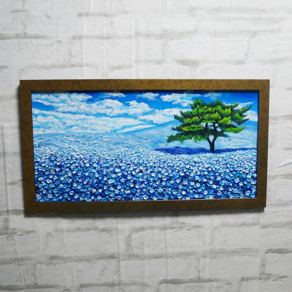 ネモフィラ 爽やかな青の楽園 油絵 原画【青の楽園:その先にある未来】春の風景画 額縁付き