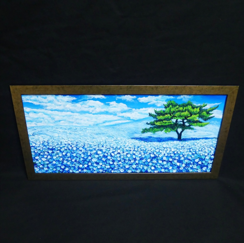 ネモフィラ 爽やかな青の楽園 油絵 原画【青の楽園:その先にある未来】春の風景画 額縁付き