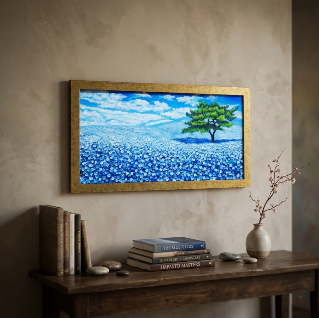 ネモフィラ 爽やかな青の楽園 油絵 原画【青の楽園：その先にある未来】春の風景画 額縁付き
