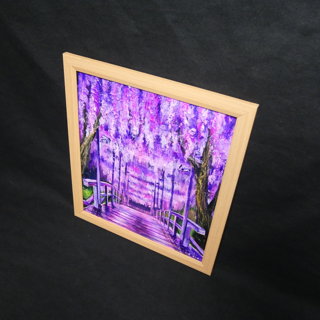 「藤の橋」初夏の訪れを告げる油絵・原画:藤棚と太鼓橋の風景画(色紙/額縁込)母の日・新築祝い