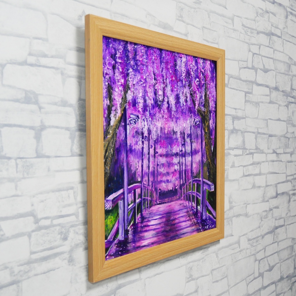 「藤の橋」初夏の訪れを告げる油絵・原画:藤棚と太鼓橋の風景画(色紙/額縁込)母の日・新築祝い
