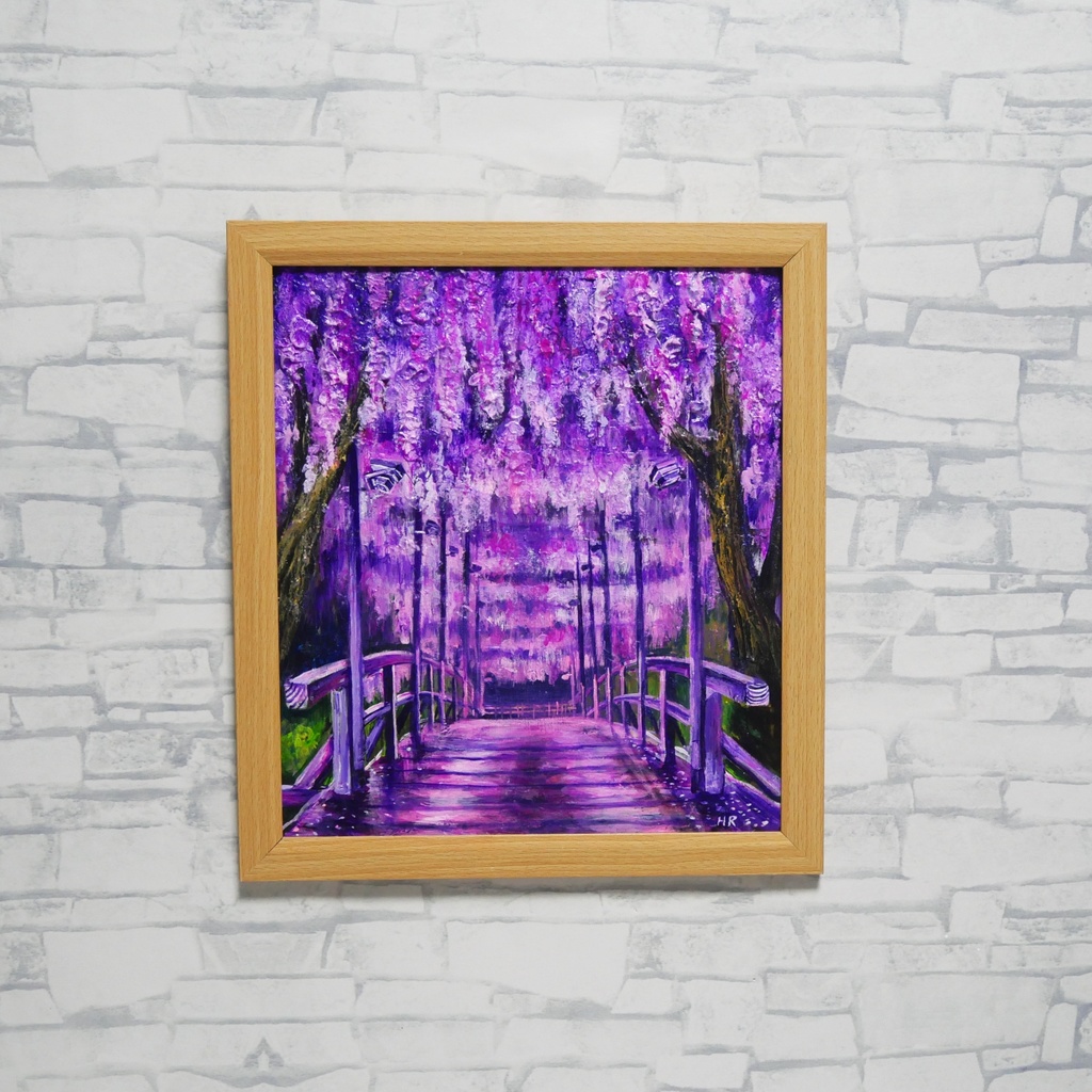 「藤の橋」初夏の訪れを告げる油絵・原画:藤棚と太鼓橋の風景画(色紙/額縁込)母の日・新築祝い