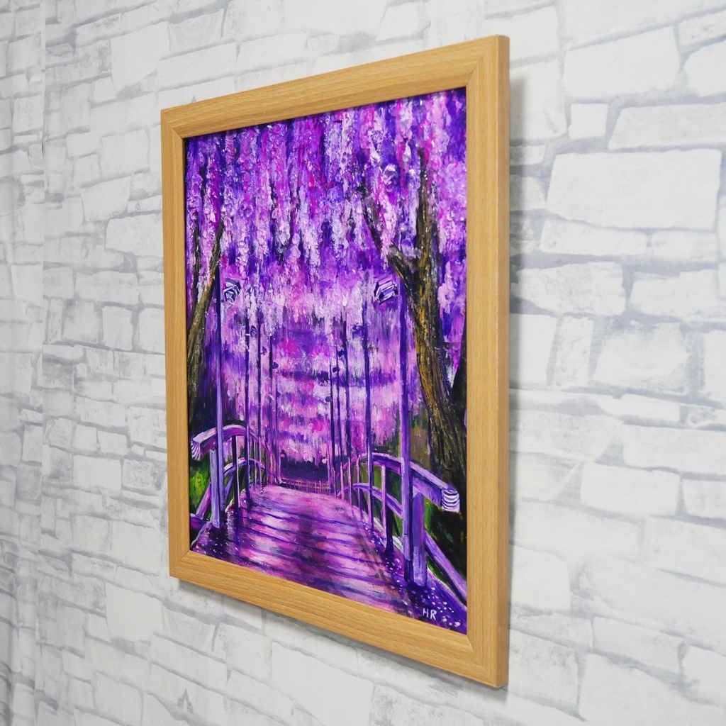 「藤の橋」初夏の訪れを告げる油絵・原画:藤棚と太鼓橋の風景画(色紙/額縁込)母の日・新築祝い