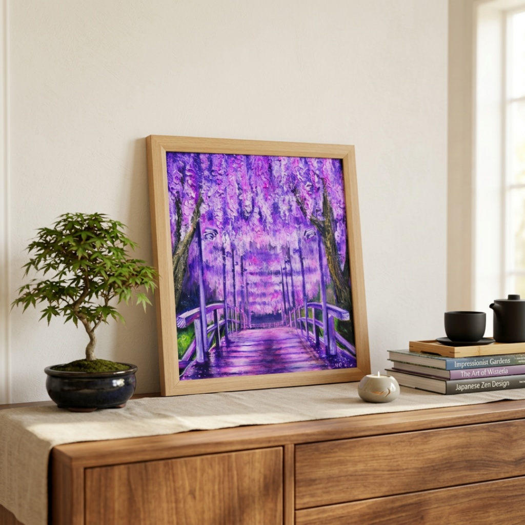 「藤の橋」初夏の訪れを告げる油絵・原画：藤棚と太鼓橋の風景画（色紙/額縁込）母の日・新築祝い