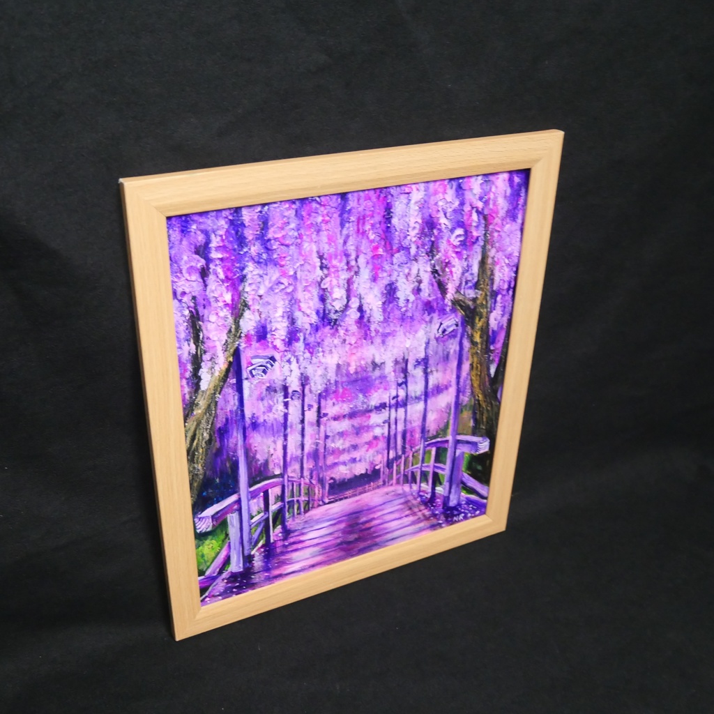 「藤の橋」初夏の訪れを告げる油絵・原画:藤棚と太鼓橋の風景画(色紙/額縁込)母の日・新築祝い